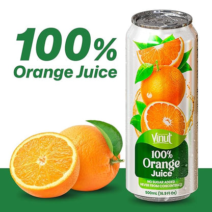 VINUT 100% Orange Juice, No Added Sugar, Never From Concentrate, 16.9 fl oz (500 mL) Can, Pack of 12