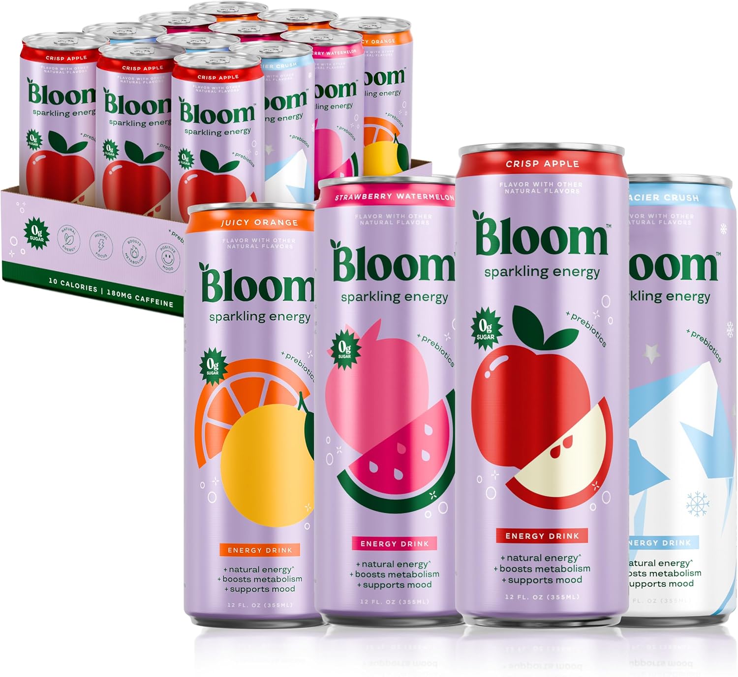 Bloom Nutrition Sparkling Energy Drink - Apple Crisp / Glacier Crush Variety Pack - Natural Caffeine, Zero Sugar, 180mg Caffeine - Antioxidant-Rich with Green Coffee Bean, Green Tea Extract, Prebiotics - 12oz 12 Pack