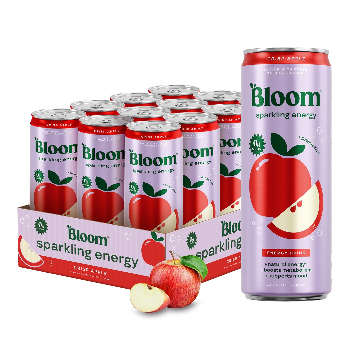 Bloom Nutrition Sparkling Energy Drink - Apple Crisp / Glacier Crush Variety Pack - Natural Caffeine, Zero Sugar, 180mg Caffeine - Antioxidant-Rich with Green Coffee Bean, Green Tea Extract, Prebiotics - 12oz 12 Pack
