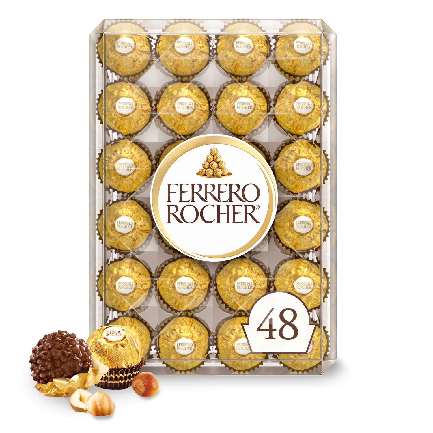 Ferrero Rocher Premium Milk Chocolate Hazelnut 48 Count – Gourmet Chocolate Candy, Crunchy Hazelnut Center, Luxury Gift Box, Bulk Pack