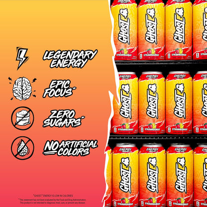 GHOST Energy Drink - 12-Pack, Strawbango, 16oz - Energy & Focus & No Artificial Colors - 200mg of Natural Caffeine, L-Carnitine & Taurine - Gluten-Free & Vegan