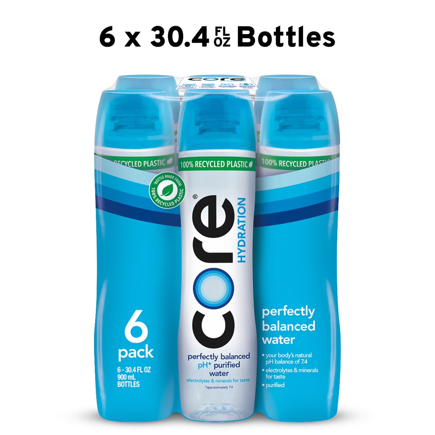 CORE Hydration Perfectly Balanced Drinking Water, 30.4 fl oz Bottles (6 Pack), Ultra-Purified pH Balanced Electrolyte Water