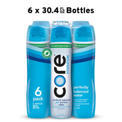 CORE Hydration Perfectly Balanced Drinking Water, 30.4 fl oz Bottles (6 Pack), Ultra-Purified pH Balanced Electrolyte Water
