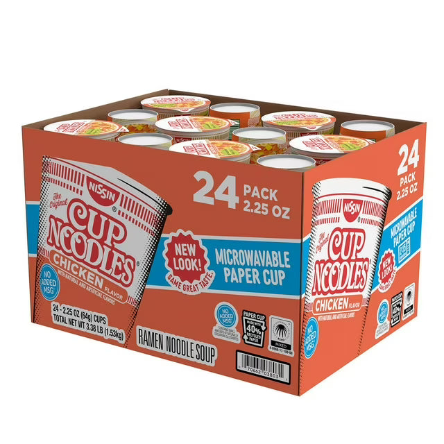 Nissin Cup Noodles Chicken Flavor 2.25 oz 24 Pack – Instant Ramen Soup Cups, Quick 3-Min Meal, Bulk Value Pack, Ready-to-Eat Comfort Food