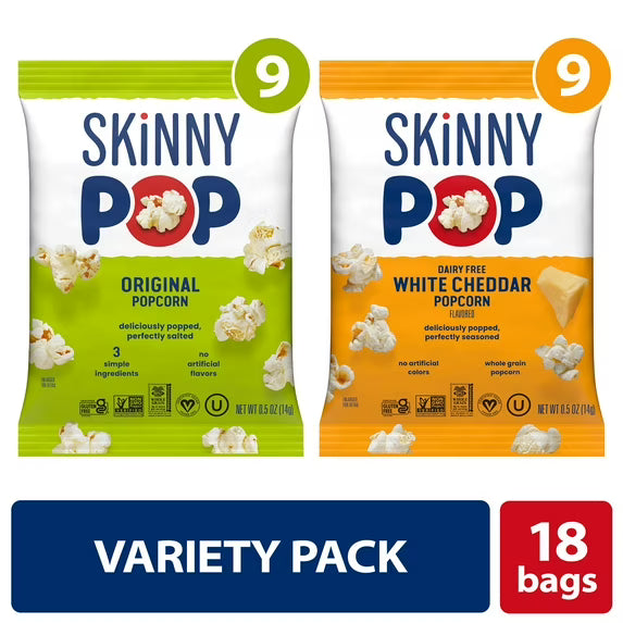 SkinnyPop Gluten-Free Popcorn Variety Pack, Original & Dairy-Free White Cheddar, 0.5 oz Individual Snack Bags, 18 Count