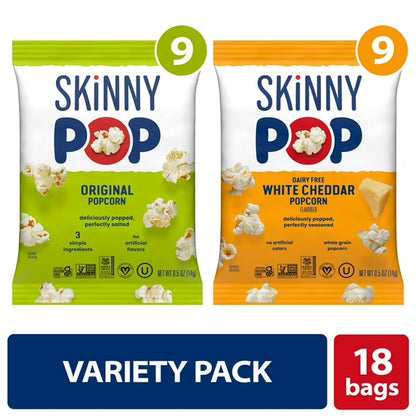 SkinnyPop Gluten-Free Popcorn Variety Pack, Original & Dairy-Free White Cheddar, 0.5 oz Individual Snack Bags, 18 Count