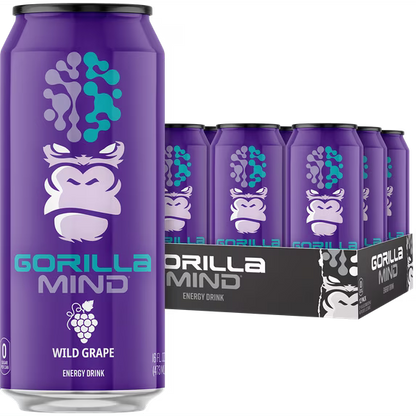 Gorilla Mind Energy Drink, No Sugar or Artificial Colors, Wild Grape, 16 oz, 12 pack Cans