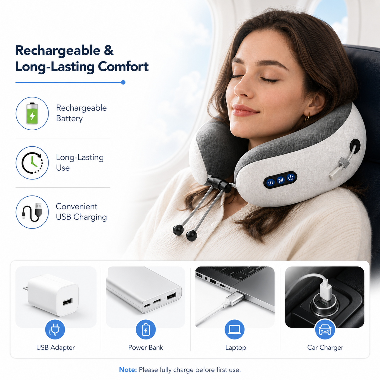 Rechargeable Massage Memory Foam Travel Neck Pillow Flight Airplane Support Cushion AU