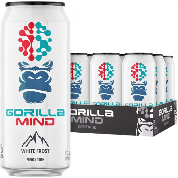 Gorilla Mind Energy Drink, No Sugar or Artificial Colors, White Frost, 16 oz, 12 pack Cans