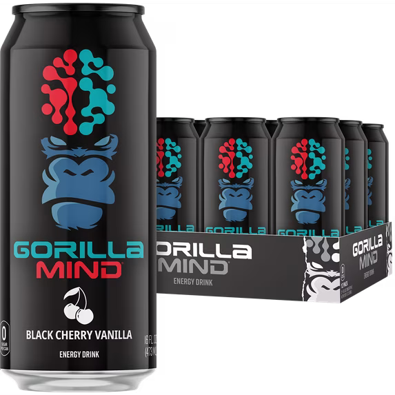 Gorilla Mind Energy Drink, No Sugar or Artificial Colors, Black Cherry Vanilla, 16 oz, 12 pack Cans