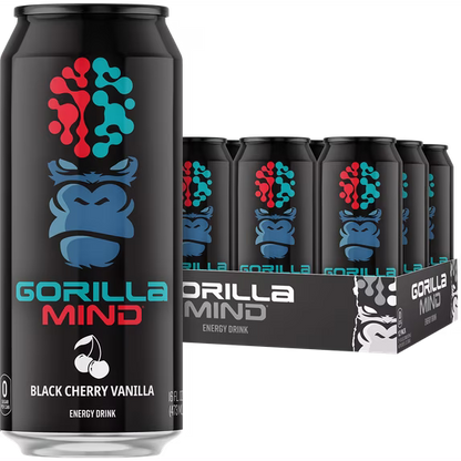 Gorilla Mind Energy Drink, No Sugar or Artificial Colors, Black Cherry Vanilla, 16 oz, 12 pack Cans