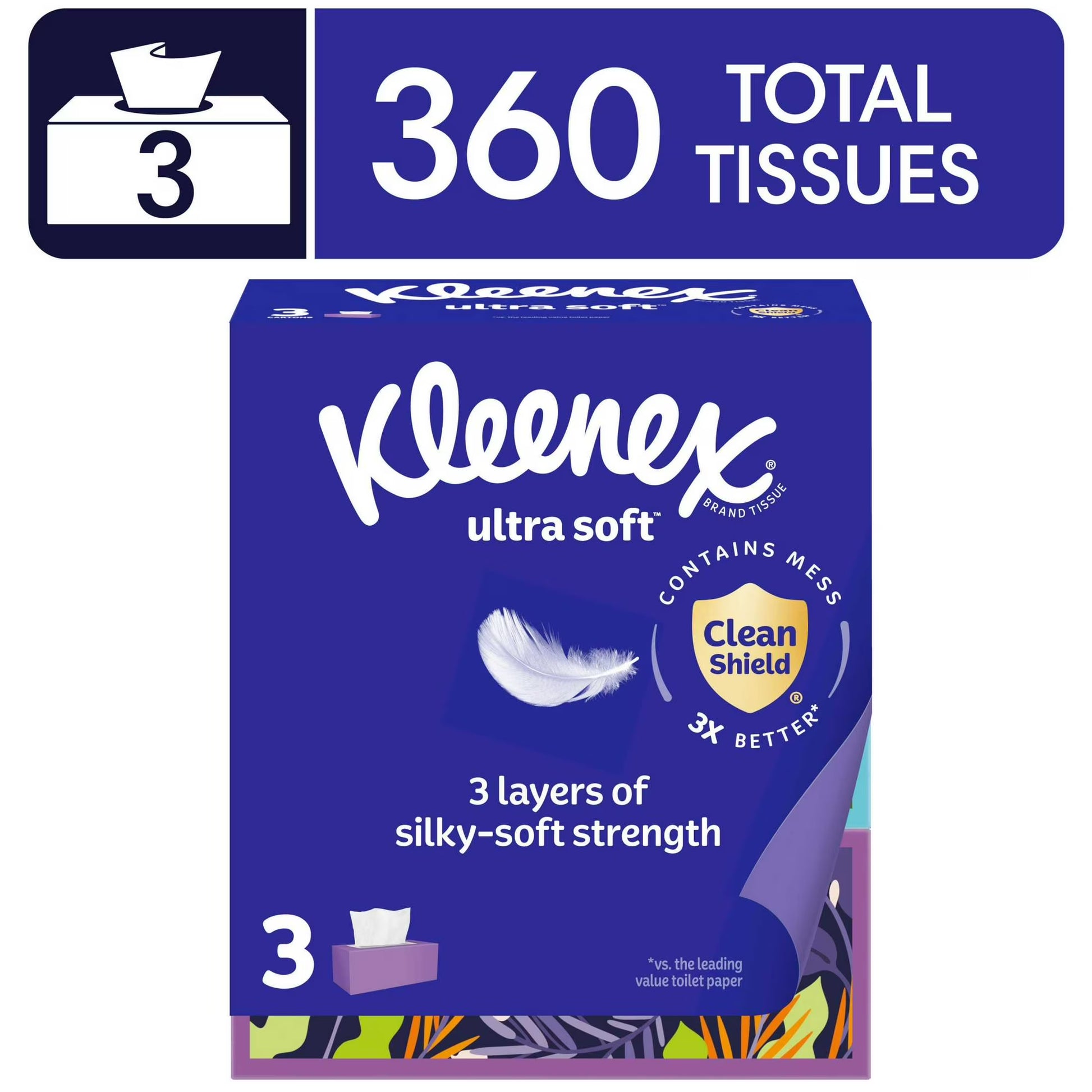 Kleenex Ultra Soft Facial Tissues, 3 Flat Boxes (120 Tissues Each), 3-Ply – Gentle, Strong & Absorbent for Everyday Use