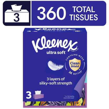 Kleenex Ultra Soft Facial Tissues, 3 Flat Boxes (120 Tissues Each), 3-Ply – Gentle, Strong & Absorbent for Everyday Use