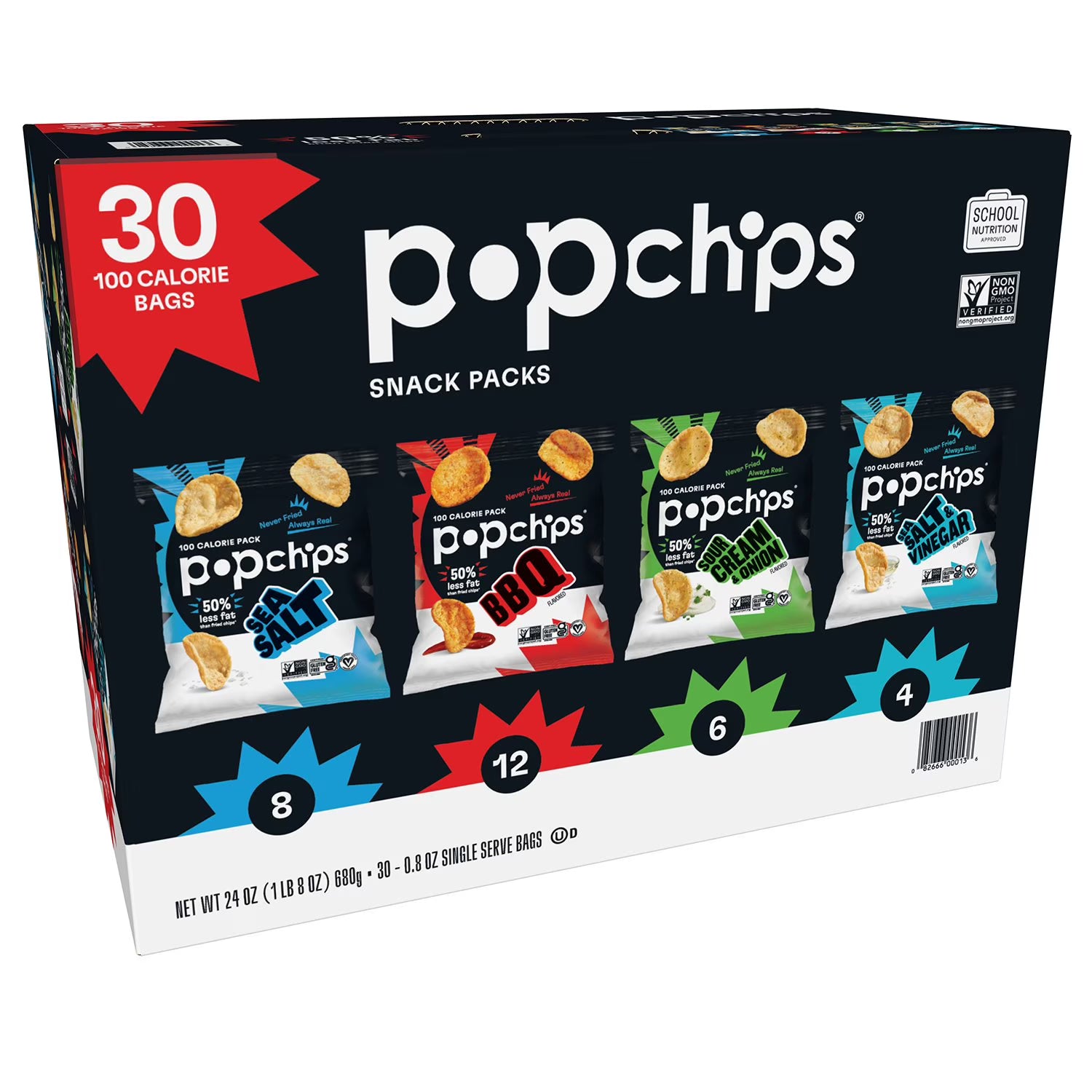 Popchips Variety Pack Potato Chips (30 Pack, 0.8 oz Each) – Popped, Never Fried, Assorted Flavors Snack Pack
