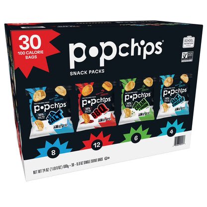 Popchips Variety Pack Potato Chips (30 Pack, 0.8 oz Each) – Popped, Never Fried, Assorted Flavors Snack Pack