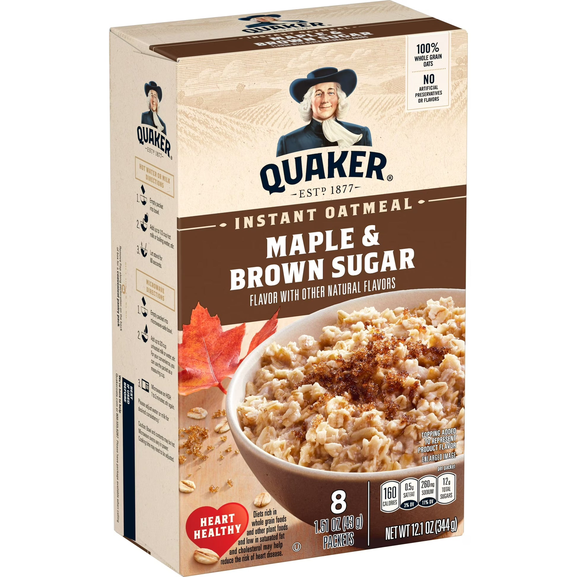 Quaker Instant Oatmeal, Maple & Brown Sugar Flavor, 12.1 oz (8 Packets), Quick Breakfast Hot Cereal