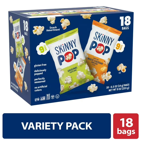 SkinnyPop Gluten-Free Popcorn Variety Pack, Original & Dairy-Free White Cheddar, 0.5 oz Individual Snack Bags, 18 Count