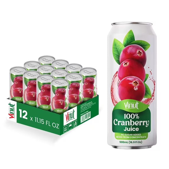 VINUT 100% Cranberry Juice, No Added Sugar, Not From Concentrate, 16.9 fl oz (500 mL) Can, Pack of 12