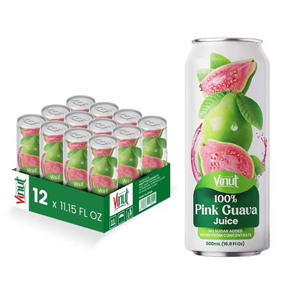VINUT 100% Pink Guava Juice, No Added Sugar, Not From Concentrate, 16.9 fl oz (500 mL) Can, Pack of 12