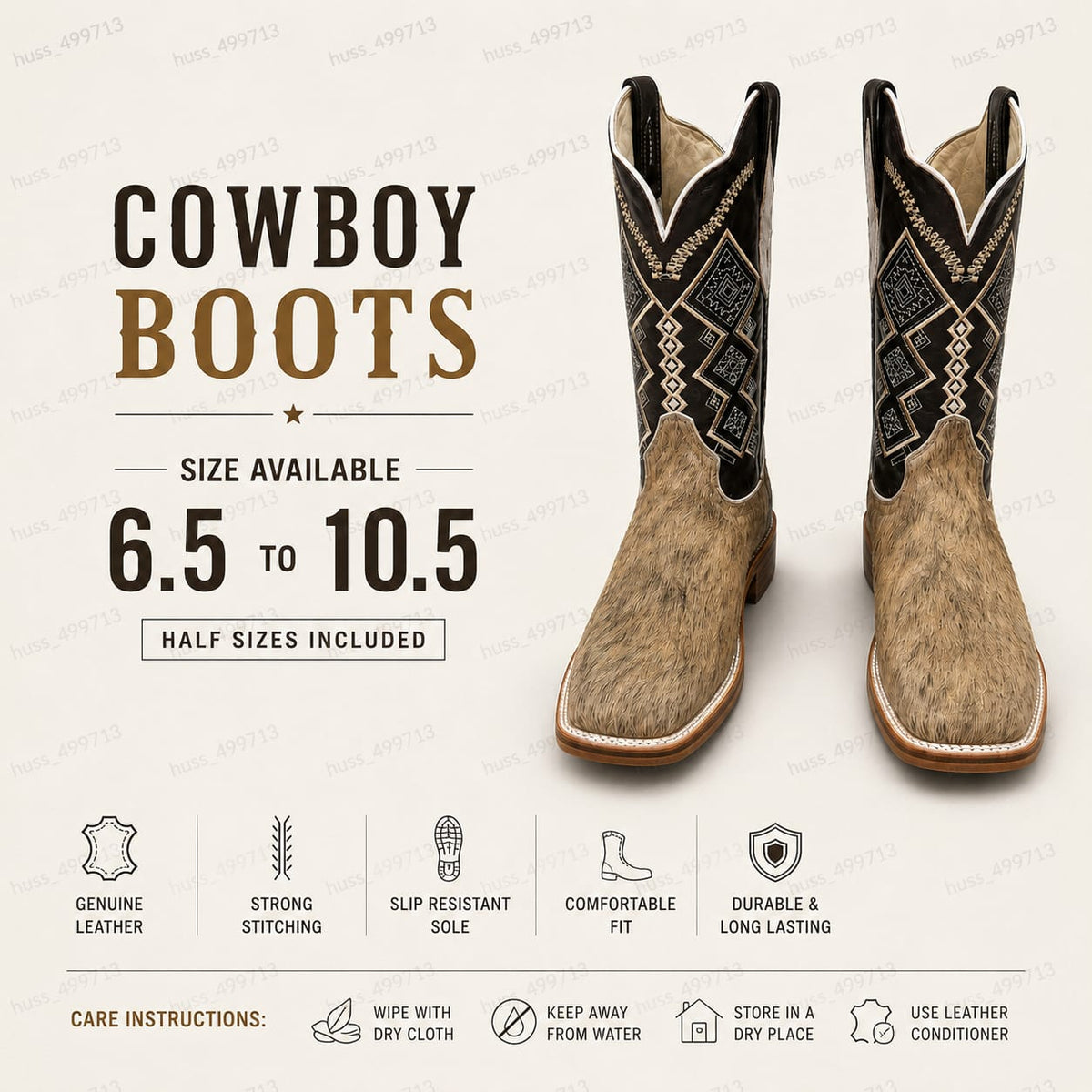 Cowboy Boots for Women & Men Western Style Boots Sizes 6.5–10.5