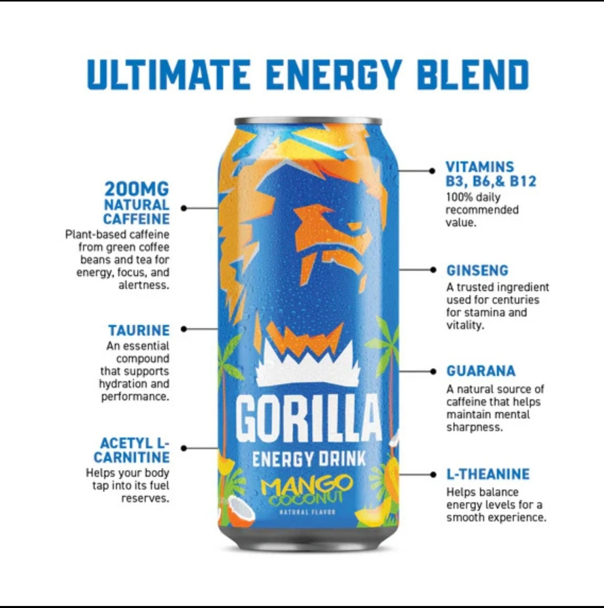 12 Pack Gorilla Energy Drink Mango Coconut 16 fl oz – 200mg Caffeine