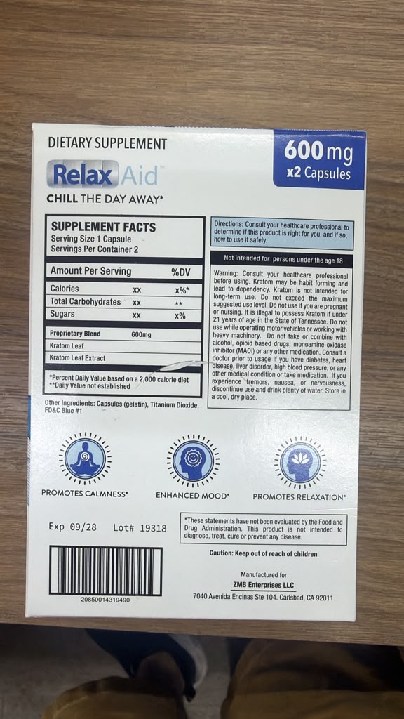 6 Pack Relax Aid 600mg Capsules – 12 Capsules Total