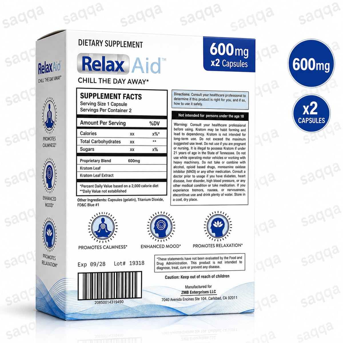 6 Pack Relax Aid 600mg Capsules – 12 Capsules Total