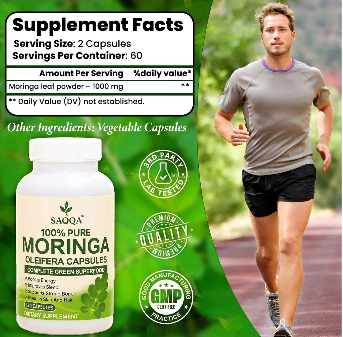 Organic Moringa Oleifera 1000mg 120 Capsules 100% Pure Natural Supplement