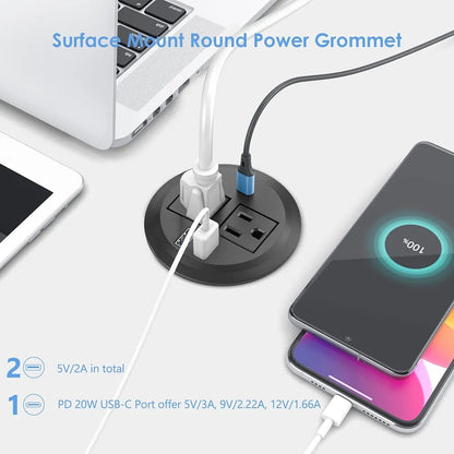 Desktop Power Grommet 2 AC Outlets 2 USB-A Ports Fast Charging USB-C Desk Outlet