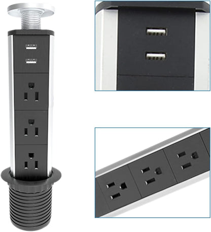 Pop Up Power Strip Countertop Desk Outlet Pull Out Electrical Socket USB Ports
