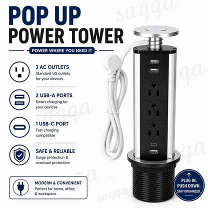 Pop Up Power Strip Countertop Desk Outlet Pull Out Electrical Socket USB Ports