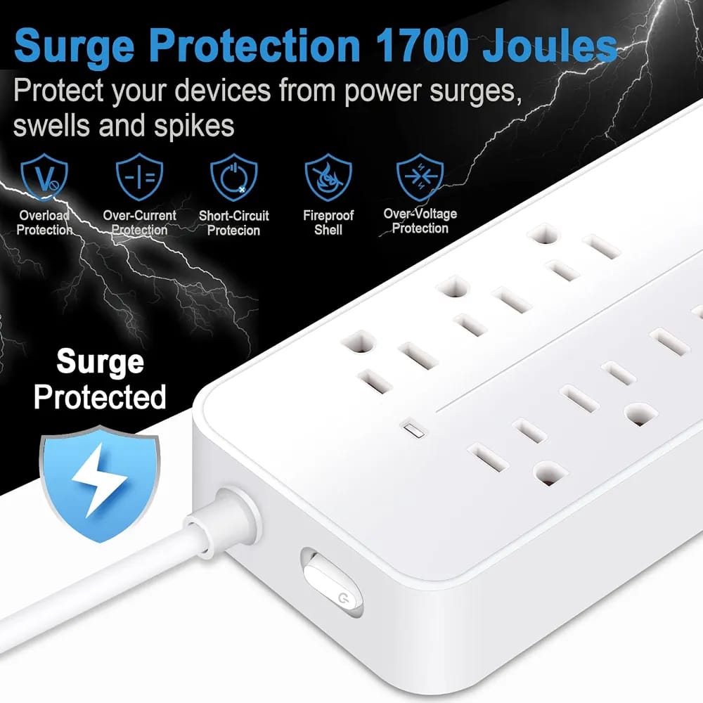 Multi Outlet Wall Mount USB Surge Protector Power Strip 8 Outlet Plugs 12-in-1