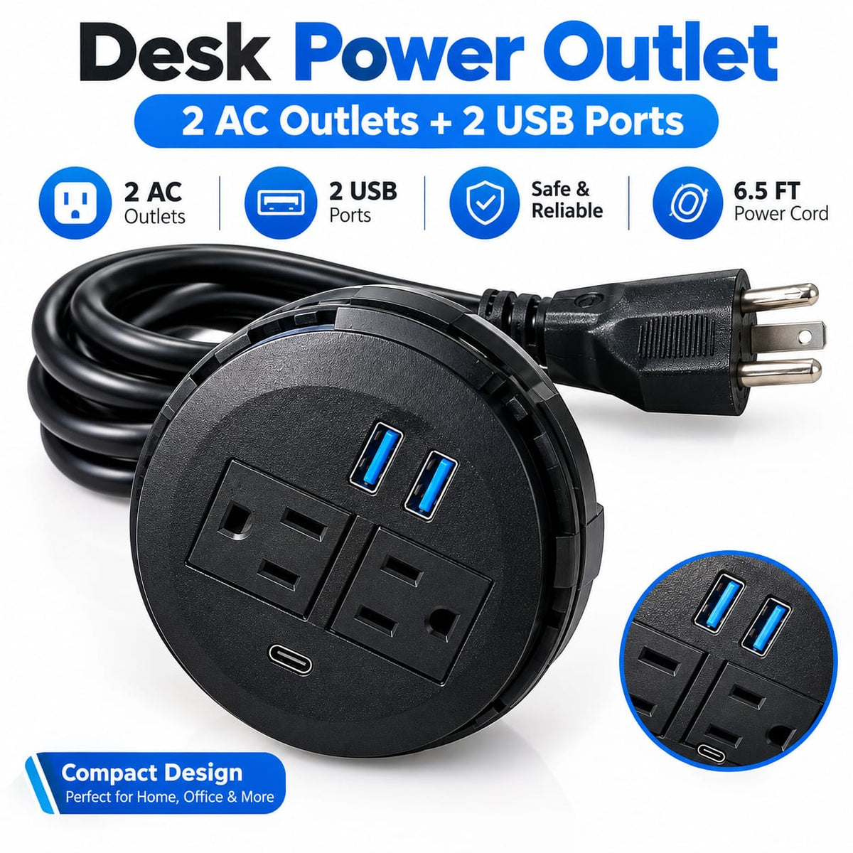 Desktop Power Grommet 2 AC Outlets 2 USB-A Ports Fast Charging USB-C Desk Outlet