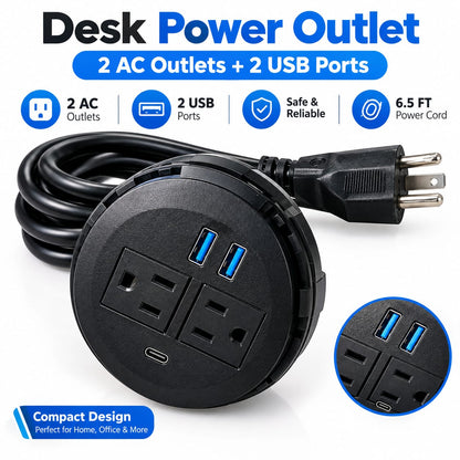Desktop Power Grommet 2 AC Outlets 2 USB-A Ports Fast Charging USB-C Desk Outlet