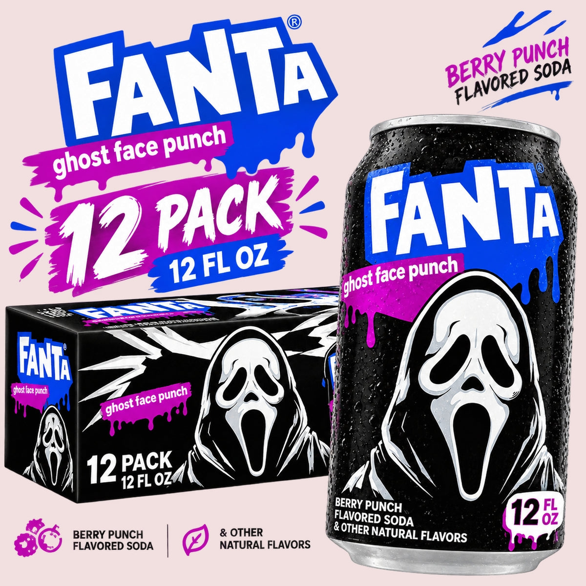 12 Pack Fanta Ghost Face Punch Soda, 12 fl oz Cans, Fruity Carbonated Soft Drink