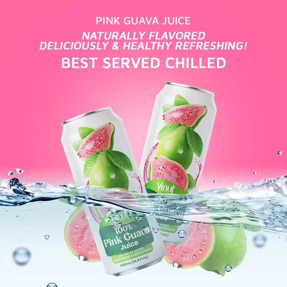 VINUT 100% Pink Guava Juice, No Added Sugar, Not From Concentrate, 16.9 fl oz (500 mL) Can, Pack of 12