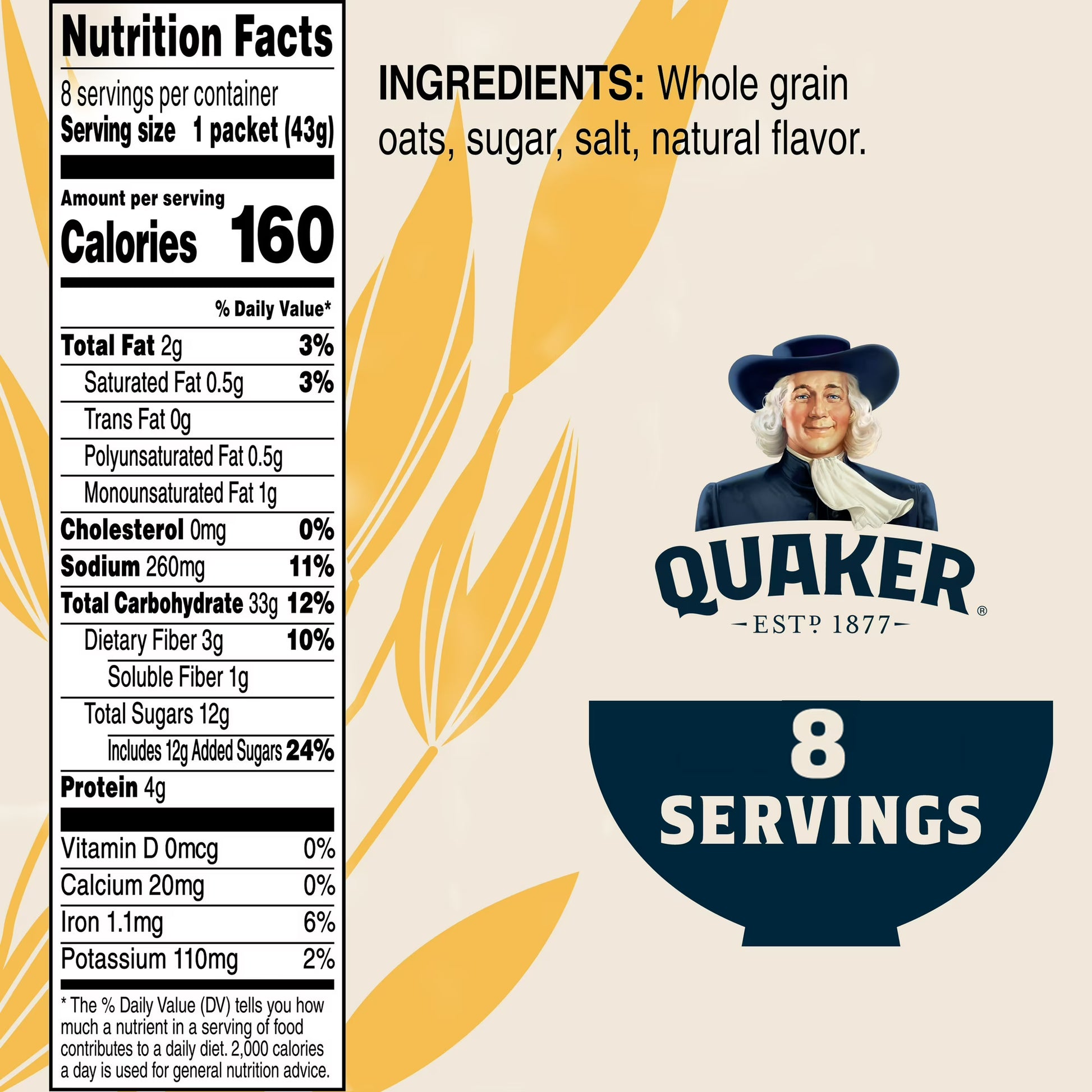 Quaker Instant Oatmeal, Maple & Brown Sugar Flavor, 12.1 oz (8 Packets), Quick Breakfast Hot Cereal