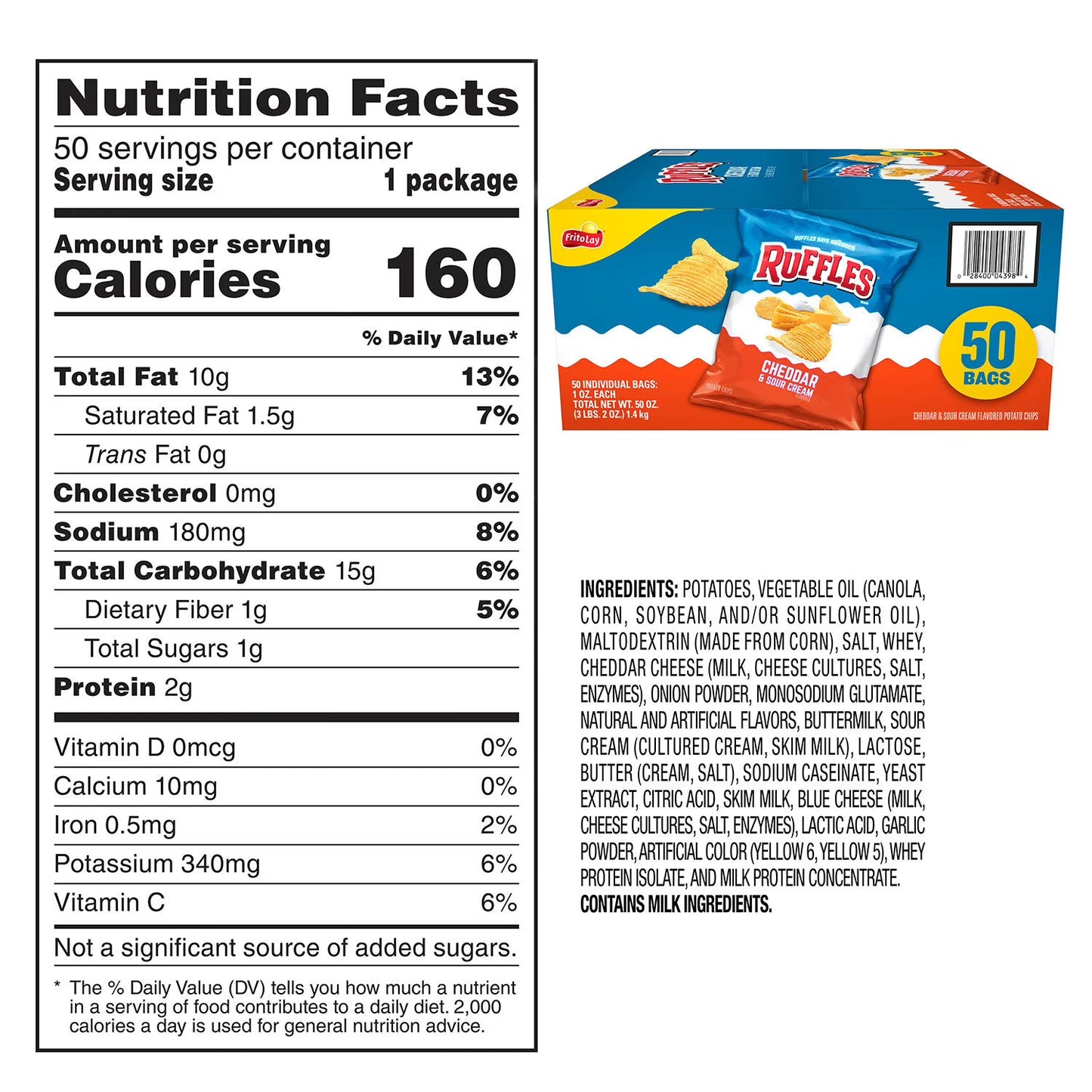Ruffles Cheddar & Sour Cream Potato Chips 1 oz 50 Pack – Classic Ridged Chips, Creamy Cheddar Flavor, Individually Wrapped Snack Bags, Bulk Value Pack