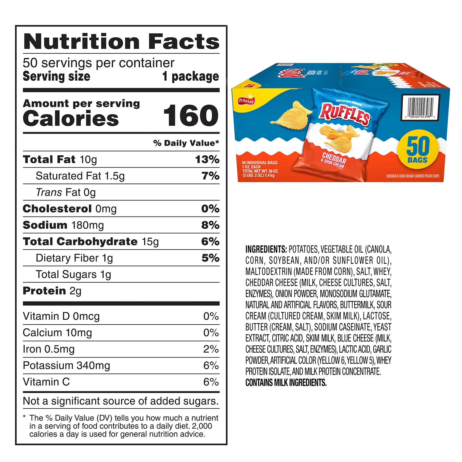 Ruffles Cheddar & Sour Cream Potato Chips 1 oz 50 Pack – Classic Ridged Chips, Creamy Cheddar Flavor, Individually Wrapped Snack Bags, Bulk Value Pack