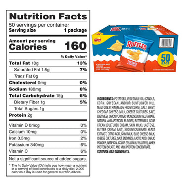 Ruffles Cheddar & Sour Cream Potato Chips 1 oz 50 Pack – Classic Ridged Chips, Creamy Cheddar Flavor, Individually Wrapped Snack Bags, Bulk Value Pack