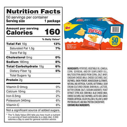 Ruffles Cheddar & Sour Cream Potato Chips 1 oz 50 Pack – Classic Ridged Chips, Creamy Cheddar Flavor, Individually Wrapped Snack Bags, Bulk Value Pack