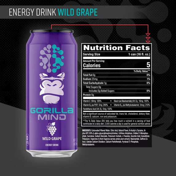 Gorilla Mind Energy Drink, No Sugar or Artificial Colors, Wild Grape, 16 oz, 12 pack Cans