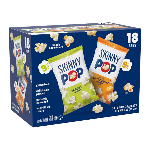 SkinnyPop Gluten-Free Popcorn Variety Pack, Original & Dairy-Free White Cheddar, 0.5 oz Individual Snack Bags, 18 Count