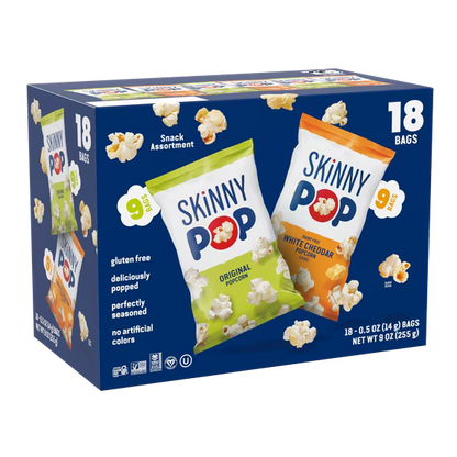SkinnyPop Gluten-Free Popcorn Variety Pack, Original & Dairy-Free White Cheddar, 0.5 oz Individual Snack Bags, 18 Count