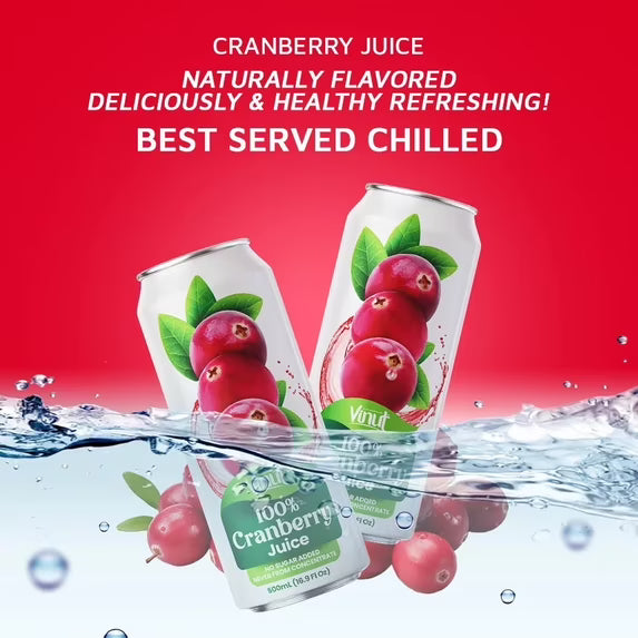 VINUT 100% Cranberry Juice, No Added Sugar, Not From Concentrate, 16.9 fl oz (500 mL) Can, Pack of 12