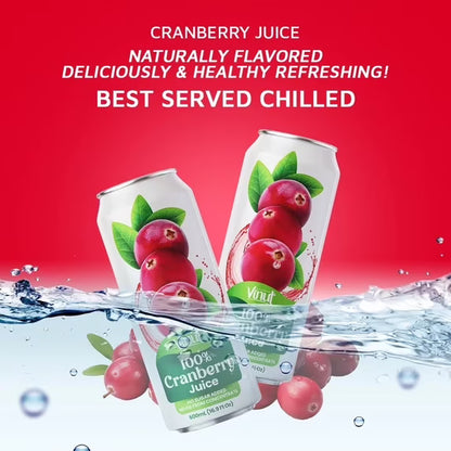 VINUT 100% Cranberry Juice, No Added Sugar, Not From Concentrate, 16.9 fl oz (500 mL) Can, Pack of 12