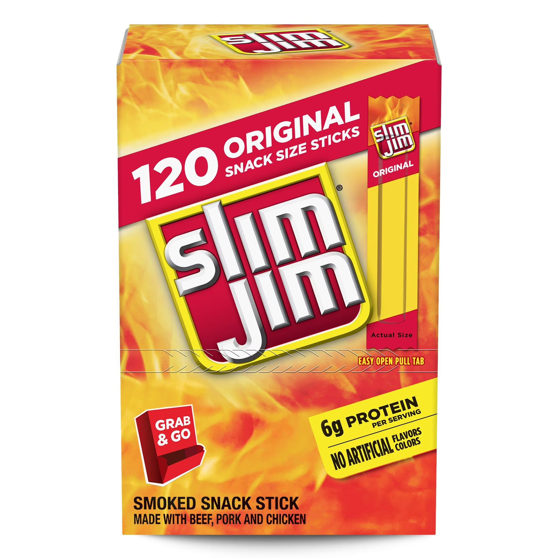 Slim Jim Snack Sized Smoked Meat Sticks Original 0.28 oz 120 Pack – Protein Snack Sticks, Ready-to-Eat Beef Jerky Alternative, Bulk Value Pack, On-the-Go Snacks