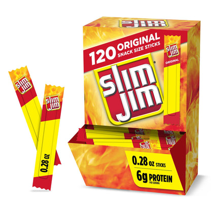 Slim Jim Snack Sized Smoked Meat Sticks Original 0.28 oz 120 Pack – Protein Snack Sticks, Ready-to-Eat Beef Jerky Alternative, Bulk Value Pack, On-the-Go Snacks