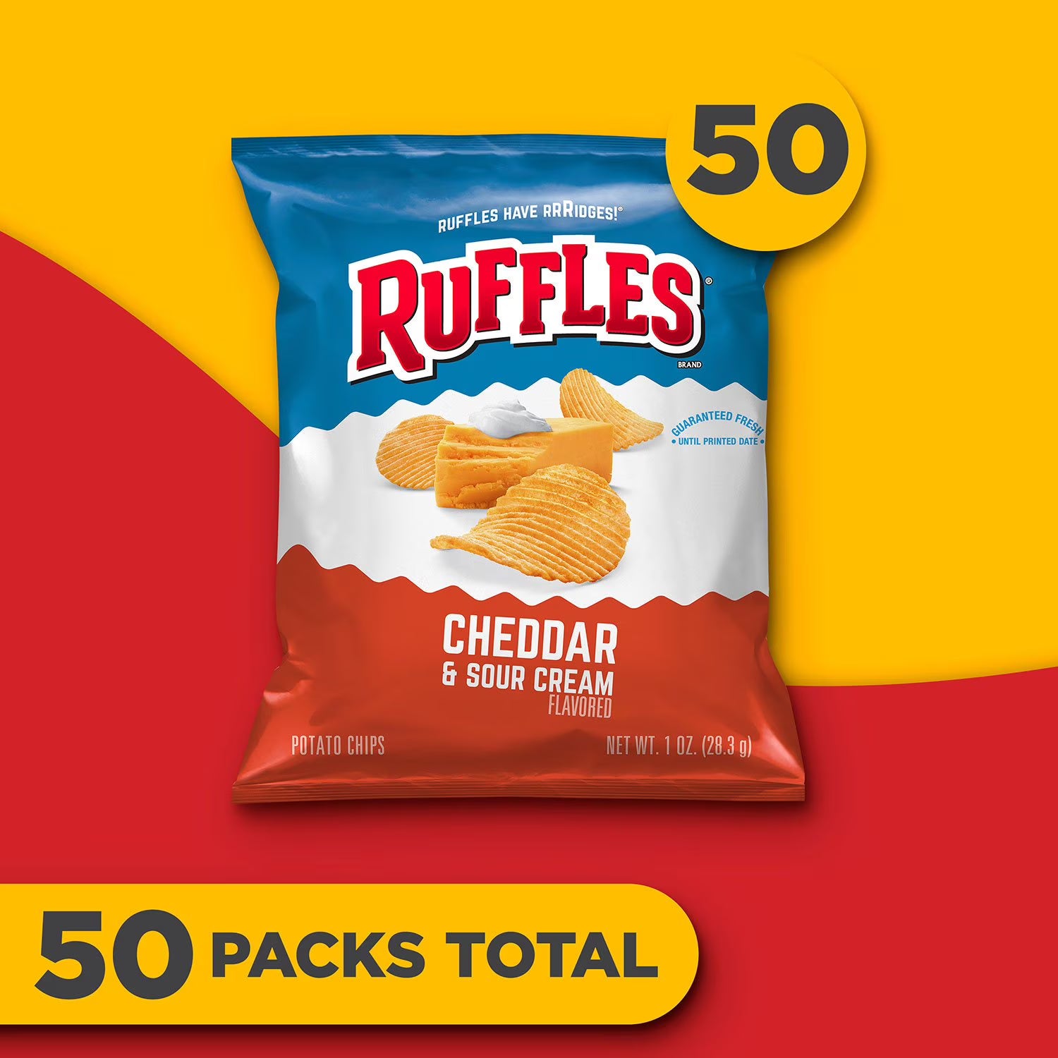 Ruffles Cheddar & Sour Cream Potato Chips 1 oz 50 Pack – Classic Ridged Chips, Creamy Cheddar Flavor, Individually Wrapped Snack Bags, Bulk Value Pack