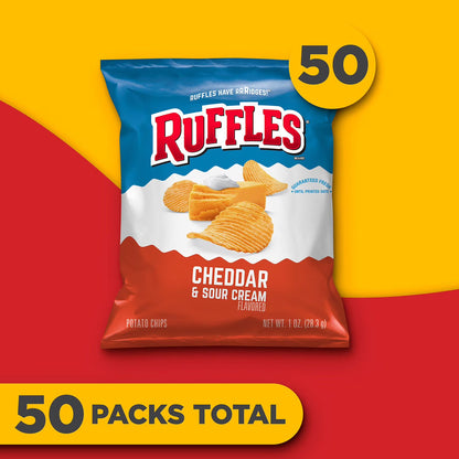 Ruffles Cheddar & Sour Cream Potato Chips 1 oz 50 Pack – Classic Ridged Chips, Creamy Cheddar Flavor, Individually Wrapped Snack Bags, Bulk Value Pack